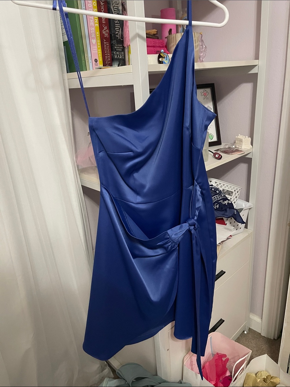 Gianni Bini Cobalt One-Shoulder Satin Tie-Waist Dress